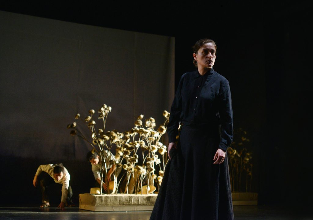 Actriz en escena viste vestido negro largo, junto a plantas doradas iluminadas sobre fondo oscuro de teatro