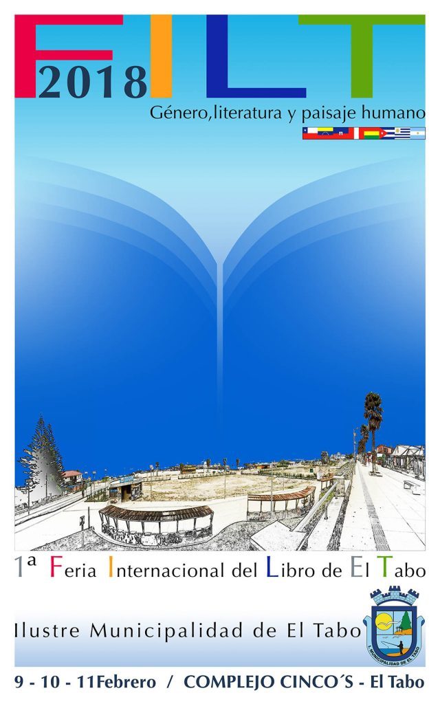 Ferias Internacionales del Libro en verano: Los acentos que trae la brisa Afiche de la Feria Internacional del Libro 2018 en El Tabo, Chile, con libro abierto azul y vista costera