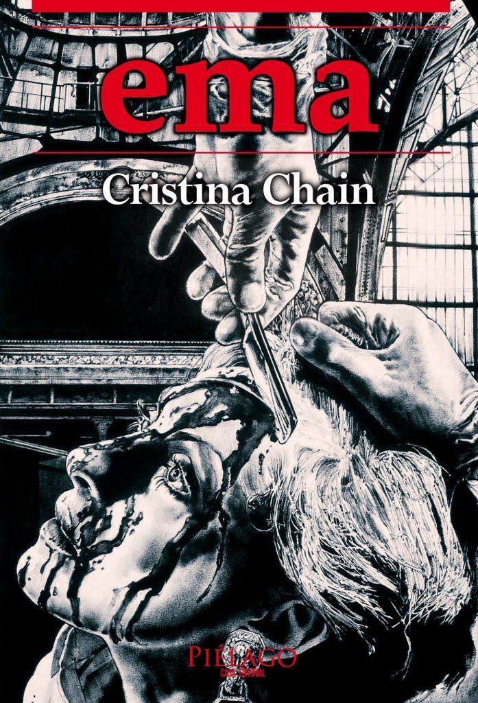 Portada del libro Ema de Cristina Chain mostrando mujer en blanco y negro con expresión intensa en ambiente industrial