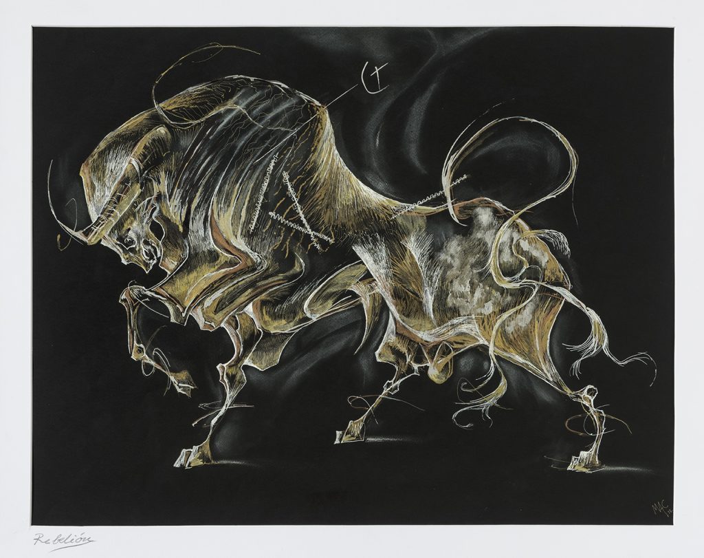 Grabado con toros y figuras humanas en tono dorado sobre fondo negro, obra de Marco Antonio Carcavilla