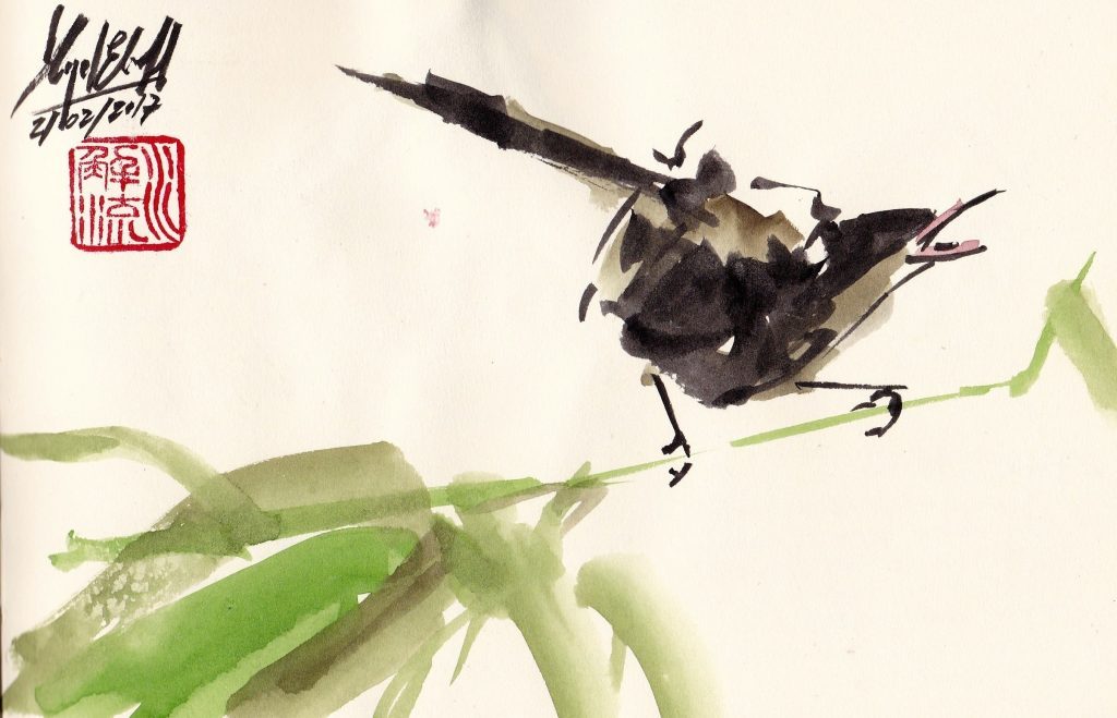 Acuarela de pájaro en vuelo sobre rama verde, obra del artista Miguel Elías con firma visible
