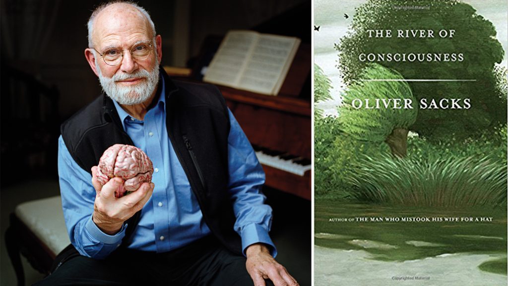 Oliver Sacks sostiene una manzana junto a la portada de su libro The River of Consciousness