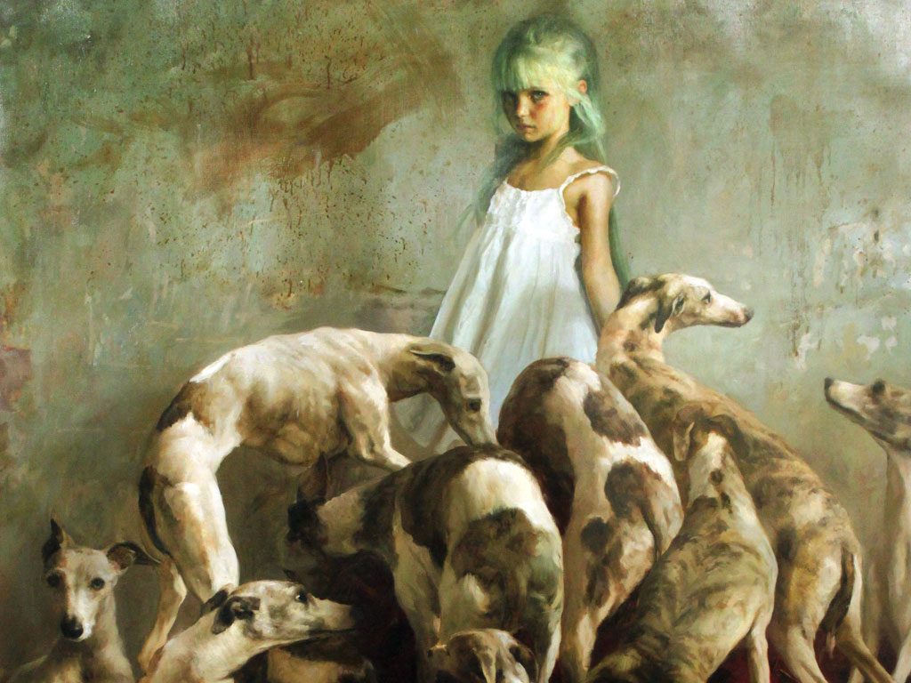 Entre lo hipnótico y lo feroz de la infancia: Guillermo Lorca García-Huidobro en “La vida eterna”, exposición en el Museo de Bellas Artes Niña en vestido blanco de pie sobre grupo de perros marrones en composición pictórica de tonos cálidos y textura onírica