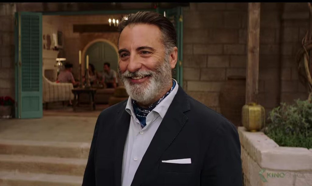 "Mamma Mia! Vamos otra vez", de Ol Parker: La música nostálgica del otoño Hombre en traje oscuro y camisa azul sonríe en interior elegante con arquitectura clásica de fondo
