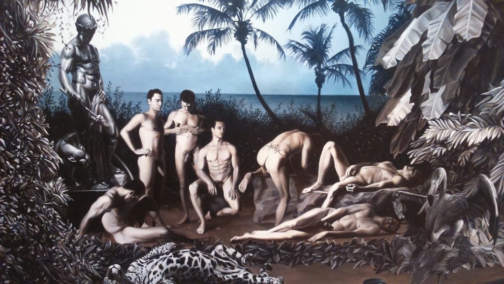 “A ti siempre te gustaron las niñas”, de Francisco García Mendoza: La masculinidad es un regalo de Dios, dicen en el colegio Grupo de hombres desnudos en paisaje tropical con palmeras y rocas, escena de desnudez masculina en entorno natural