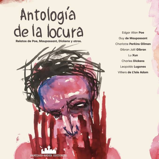Portada de Antología de la locura con rostro abstracto en tonos rosados y morados, rodeado de ramas negras, mostrando