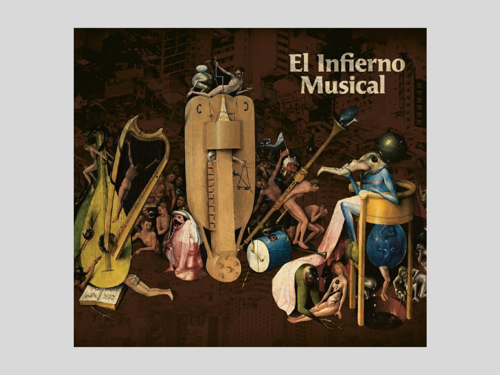 Portada de El Infierno Musical con figuras dantescas en tonos ocres y negros, instrumentos musicales y personajes