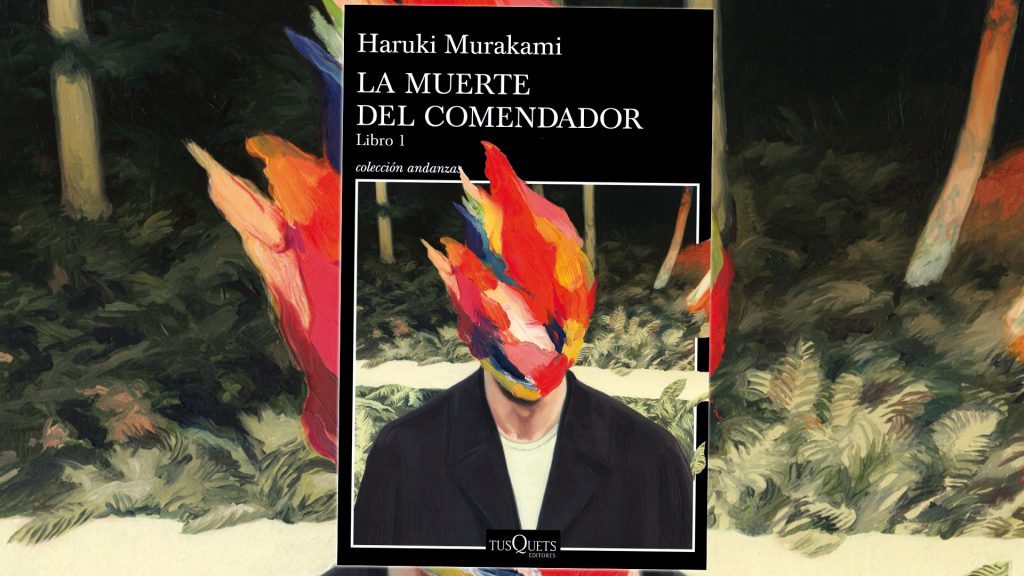 Portada de La muerte del comendador de Haruki Murakami con figura enmascarada en rojo y negro sobre fondo abstracto