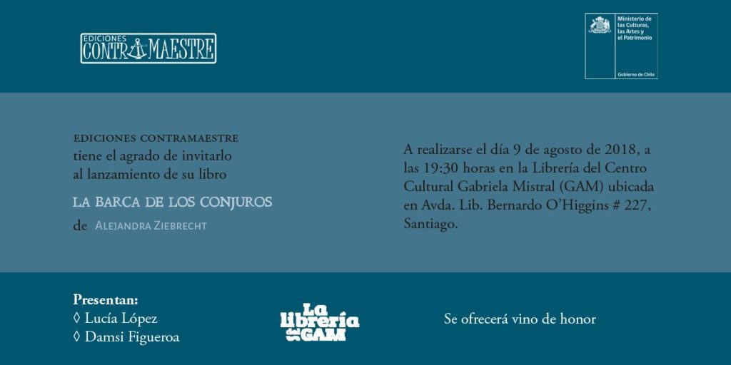 Portada del poemario La barca de los conjuros de Alejandra Ziebrecht, con diseño tipográfico en tonos azules