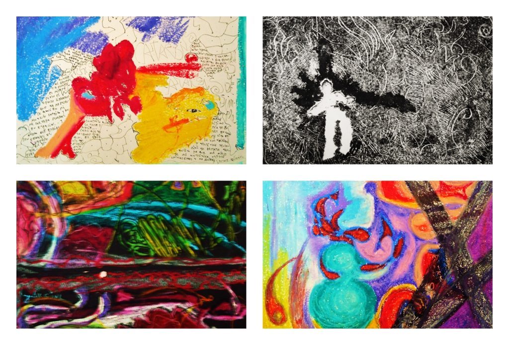 "Ven a mí": La antología que recoge lo mejor de las 2 mil 300 páginas que Luis Cruz-Villalobos imaginó entre 2015 y 2016 Collage con cuatro obras de arte abstracto y expresionista: figuras geométricas rojas y amarillas, silueta en blanco