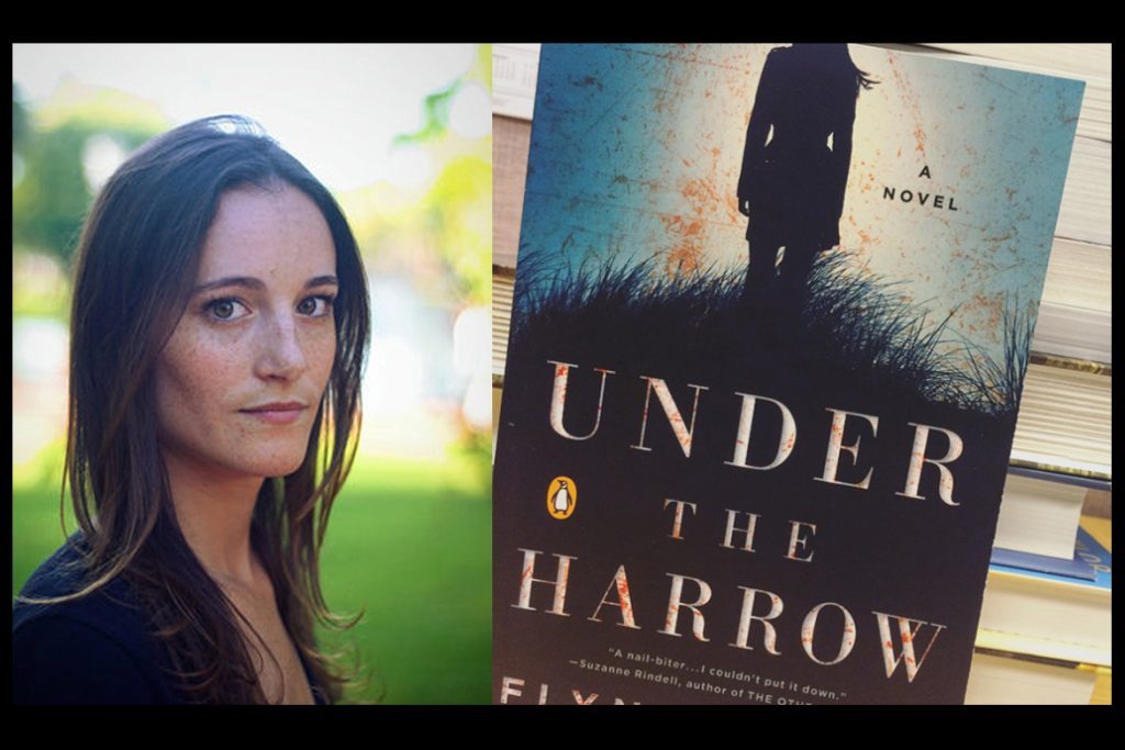 Autora Flynn Berry junto a la portada de su novela Under the Harrow con silueta oscura de figura humana