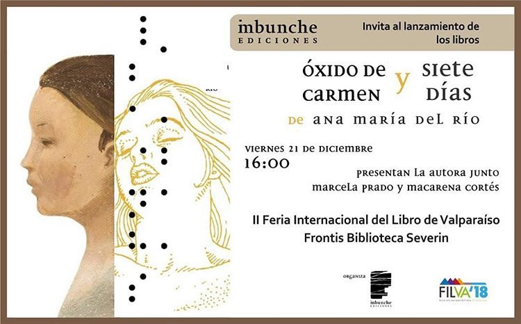 "Óxido de Carmen" y "Siete días": Títulos claves en la obra de Ana María del Río Retrato de Ana María del Río con ilustración abstracta de elementos literarios y detalles de publicaciones de sus obras