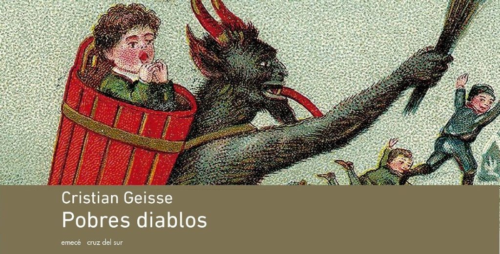 Los cuentos de "Pobres diablos": Simpatía por el demonio Portada de Pobres diablos de Cristian Geisse: demonio con cuernos sostiene una cuna roja en rama de árbol, figuras
