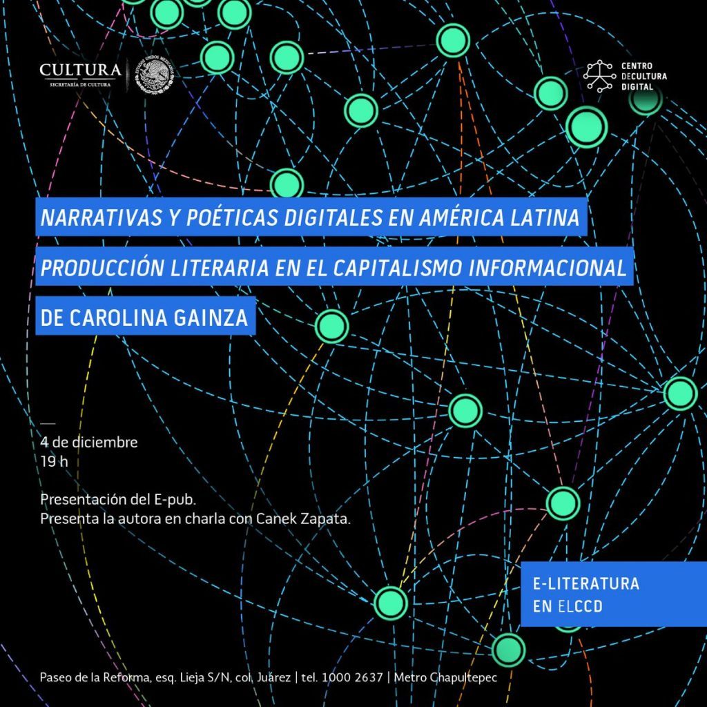 Mapa de red con nodos verdes conectados por líneas, con texto sobre narrativas digitales y poética en América Latina