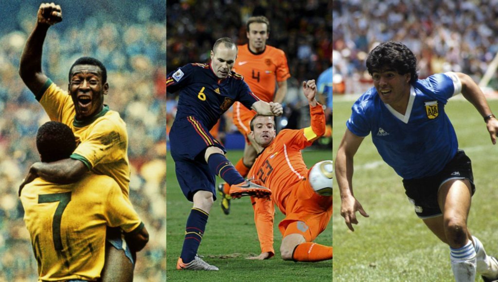 Collage de cuatro camisetas de mundial: uniforme amarillo brasileño, azul holandés, naranja holandés y azul con franja