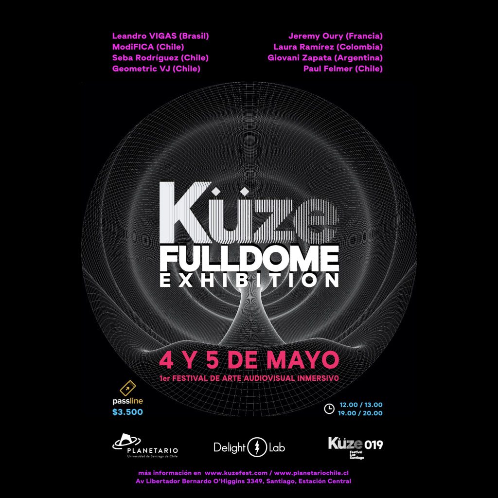 Póster de Küze Fulldome Exhibition con esfera geodésica negra, fechas 4 y 5 de mayo, logos de sponsors y text Festival