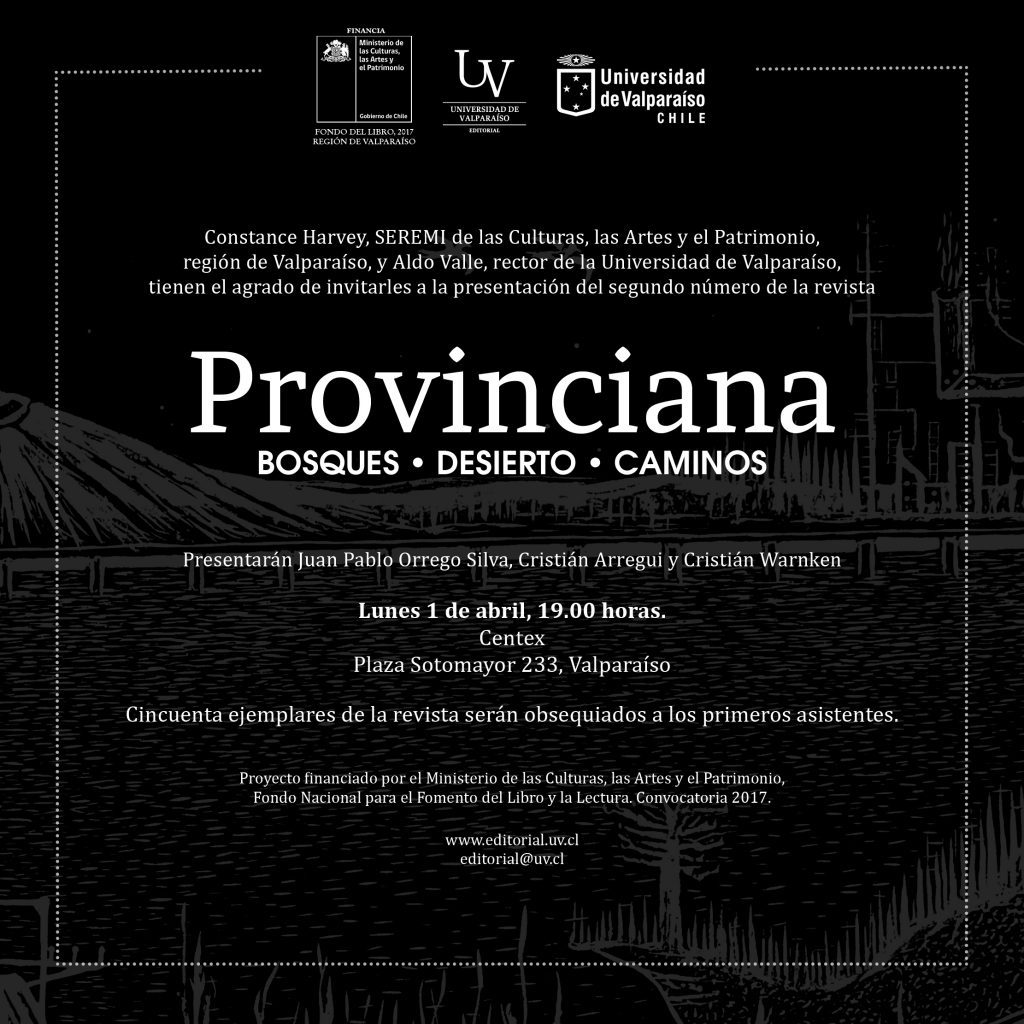 Portada de revista Provinciana con tipografía blanca sobre fondo oscuro, subtítulos Bosques, Desierto, Caminos