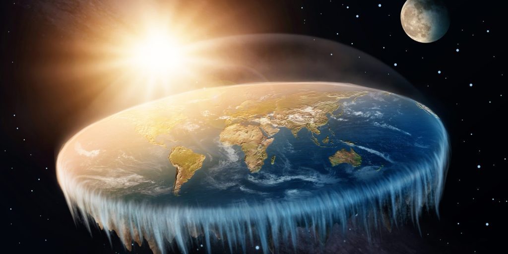 Los terraplaneros de Colón: Las alucinaciones poéticas del fanatismo Tierra plana con hielo en los bordes, sol y luna en el espacio, representación visual de teorías de terraplanismo