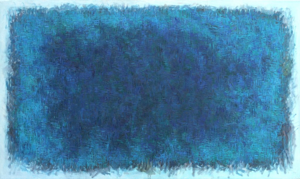 Textura abstracta en tonos azules degradados, con bordes irregulares que evocan un paisaje etéreo o cartografía poética
