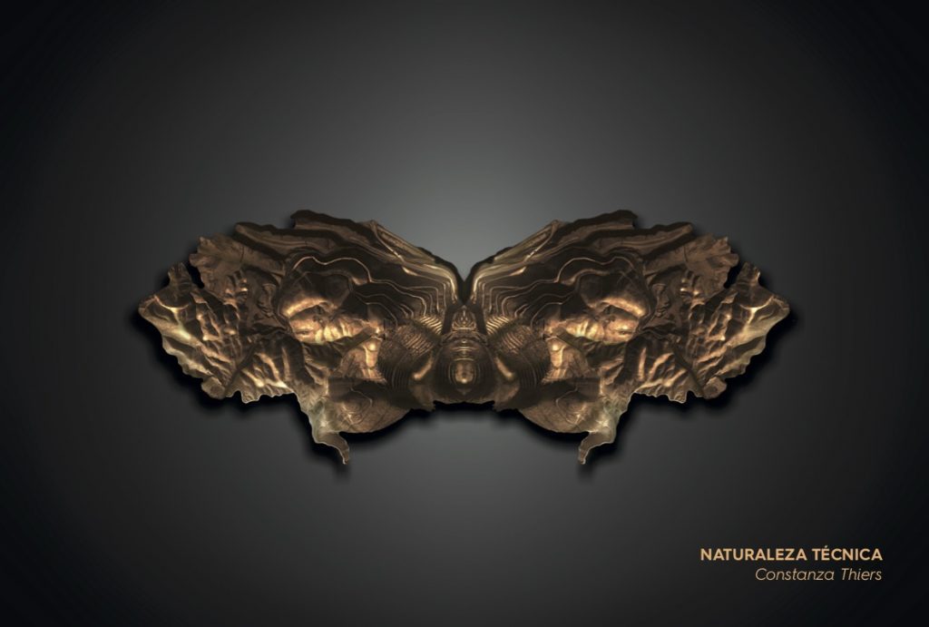 Escultura dorada de dos caras simétricas mirándose, obra de la serie Naturaleza técnica de Constanza Thiers