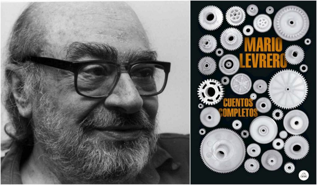 Retrato del escritor uruguayo Mario Levrero con gafas junto a la portada de su obra Cuentos completos
