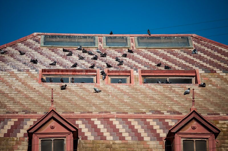 Fachada de edificio histórico con tejado de tejas rojas y decorativas, dos ventanas triangulares y ornamentación