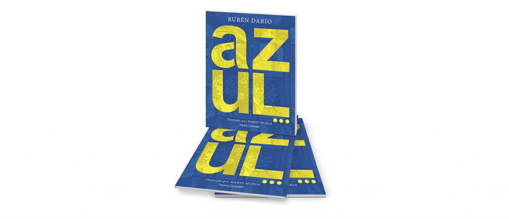 Portada del libro Azul de Rubén Darío, con letras amarillas sobre fondo azul, mostrando el diseño de la edición