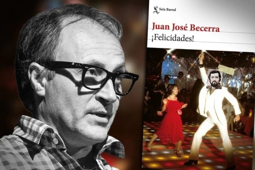 Juan José Becerra, escritor, junto a portada de su libro Felicidades con escena de baile retro