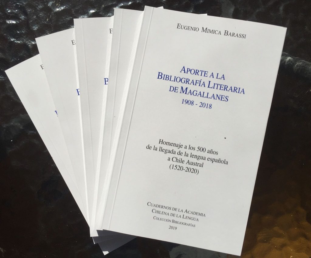 Libros apilados de Aporte a la Bibliografía Literaria de Magallanes 1908-2018, obra de Eugenio Mímica