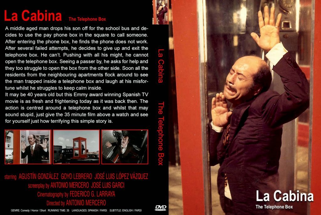 "La cabina", de Antonio Mercero: De opresores y presos Cartel de La Cabina con portada roja mostrando figura en cabina telefónica y escenas de la película de Mercero