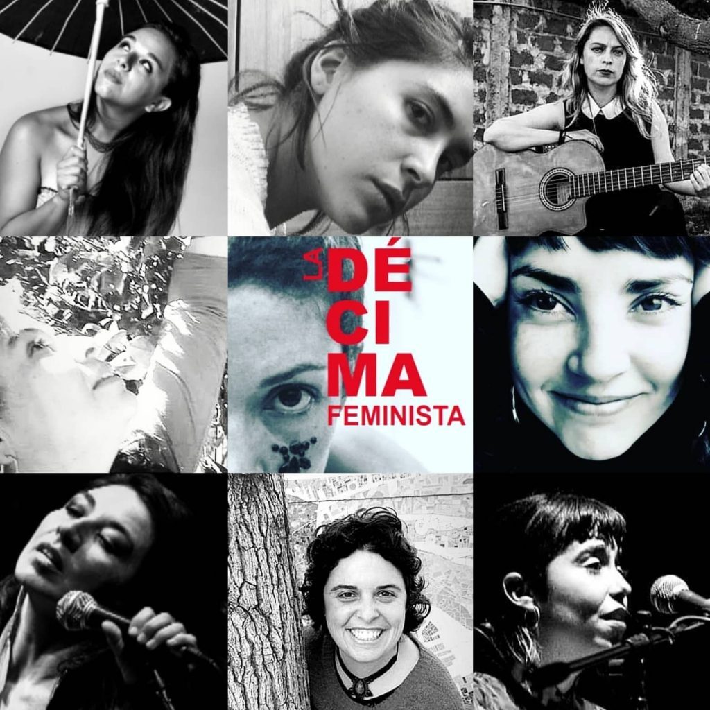 Collage de nueve fotografías en blanco y negro de mujeres poetas con texto central rojo La décima feminista