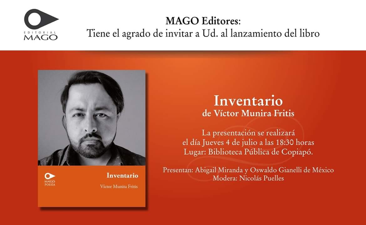"Inventario", de Víctor Munita: El poeta como coleccionista Víctor Munita Pina, poeta chileno, sonríe ante la cámara. Cartel naranja de presentación de libro en Biblioteca Pública