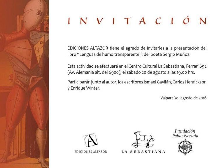 Invitación a presentación del libro "Lenguas de humo transparente" de Sergio Muñoz Arriagada en Centro Cultural
