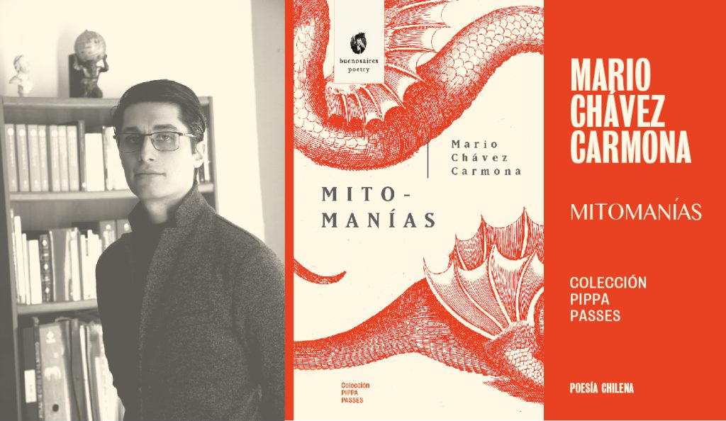 "Mitomanías", de Mario Chávez Carmona: Un modo de olvidar lentamente la presencia Mario Chávez Carmona junto a libros, portada de su obra Mitomanías con diseño rojo y blanco