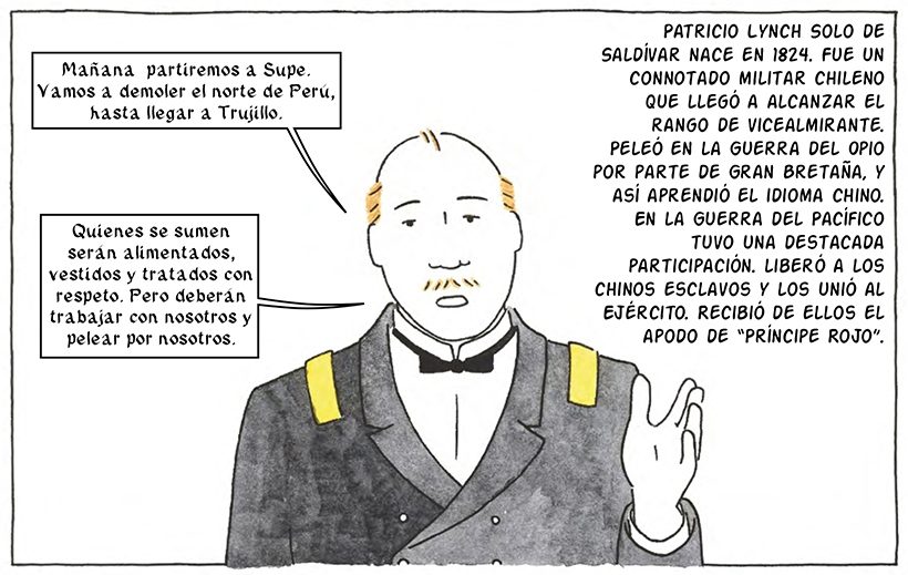 "El vuelo de la luciérnaga": Un texto del nuevo cómic chileno Patricio Lynch, ilustración en blanco y negro de un hombre con traje y corbata gesticulando mientras habla en un cómic