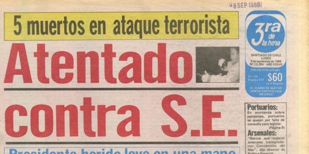 Portada de periódico con titular rojo Atentado contra S.E., referencia al golpe de Estado en Chile de 1973