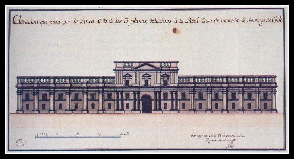 "Dolores de un parto fingido": La Moneda en paños menores Fachada del Palacio de La Moneda con arquitectura neoclásica, columnas y portada central, grabado histórico en blanco