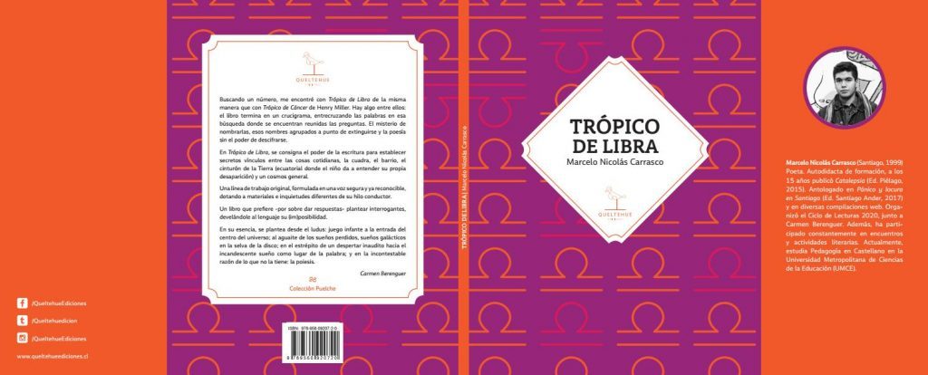 Portada del libro Trópico de Libra con diseño en tonos púrpura y naranja, patrones geométricos y diamante blanco central