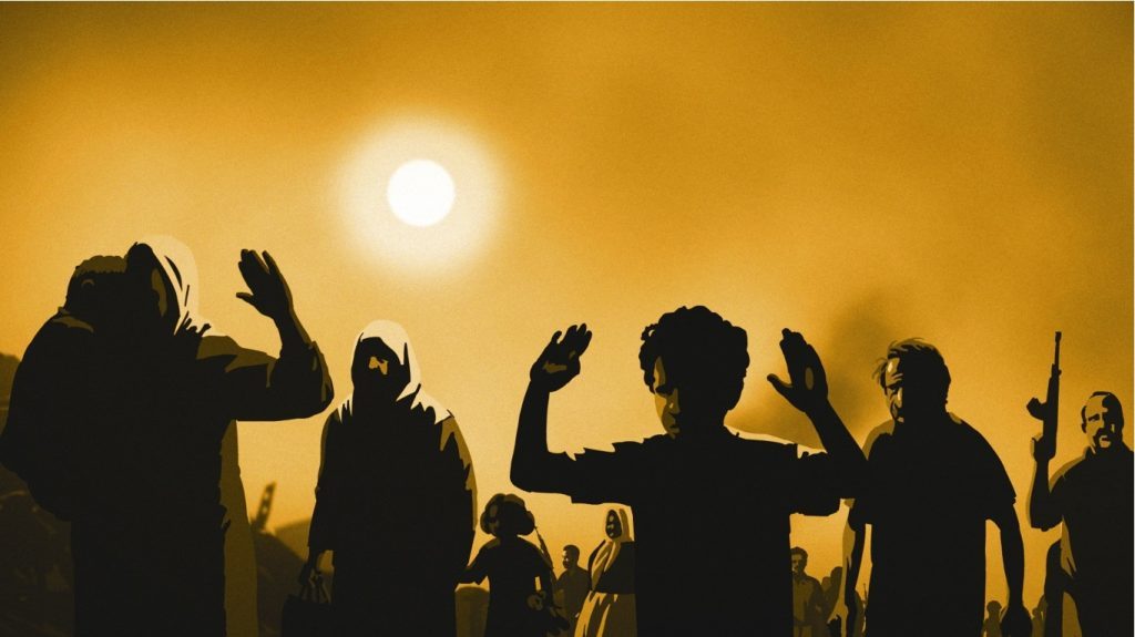 Siluetas de personas con brazos levantados contra un cielo dorado al atardecer, en ambiente de celebración o protesta