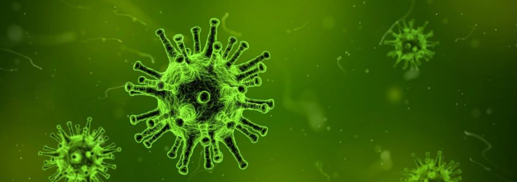 Sanidad de conciencia: Humor e hipocondría en la adversidad Ilustración de virus con espículas verdes sobre fondo verde degradado, representando patógenos microscópicos