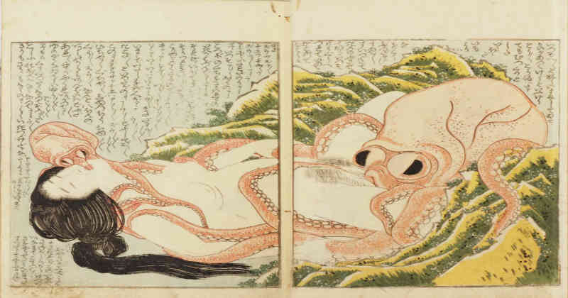 Obra de Katsushika Hokusai: figura femenina reclinada en encuentro íntimo con criatura marina, estilo ukiyo-e japonés