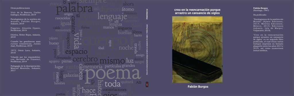 Fabián Burgos junto a collage tipográfico con palabras clave y portada de libro amarilla con franja negra horizontal