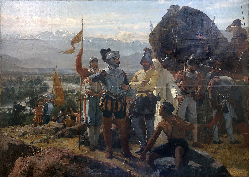 Escena histórica de la fundación de Santiago: soldados y colonos españoles izan bandera ante paisaje montañoso andino