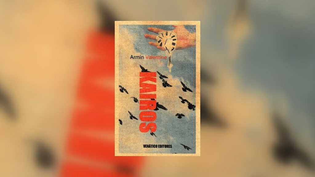 Portada del libro Kairos de Armin Valentine con ilustración de figura roja fragmentada y pájaros en vuelo sobre fondo