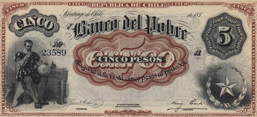 Billete histórico del Banco del Pobre de Chile del siglo XIX con grabados alegóricos, numeración y ornamentación