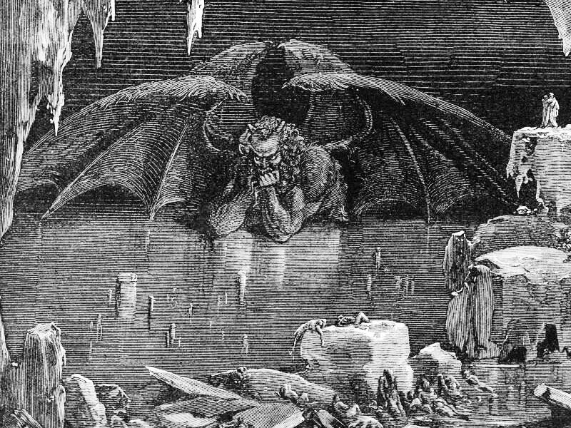 Grabado de Gustave Doré: criatura alada demoniaca sobre ciudad en ruinas con figuras humanas dispersas