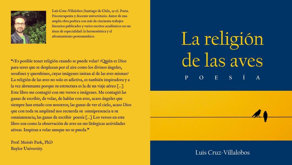 Portada del libro La religión de las aves de Luis Cruz-Villalobos con diseño en amarillo y azul marino