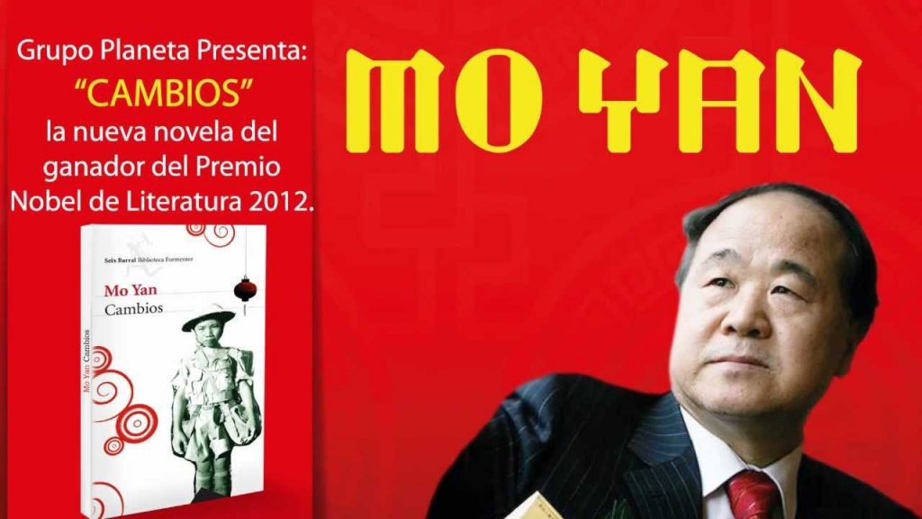 "Cambios", de Mo Yan: El Nobel de la China oficialista Mo Yan, Premio Nobel de Literatura 2012, junto a portada de su novela Cambios en fondo rojo