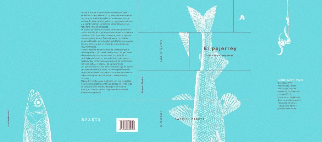 Portada de El pejerrey de Gabriel Zanetti con ilustraciones minimalistas en tonos azul turquesa y blanco de edificios