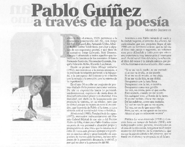 Página de artículo sobre Pablo Guiñez con fotografía del poeta chileno y texto de su biografía literaria